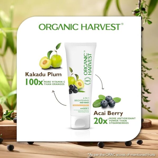 Organic Harvest 6-in-1 Brightening Face Wash: Kakadu Plum & Acai Berry | Daily Use Facewash For Men & Women | 100% American Certified Organic | Sulphate & Paraben-Free 100gm - Image 2