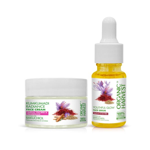 Organic Harvest Youthful Glow Face Serum & Kumkumadi Moisturising Cream Combo for Glowing Skin | Anti-Aging Serum & Cream for Women & Men | Reduces Pigmentation, Repairs & Nourishes Skin