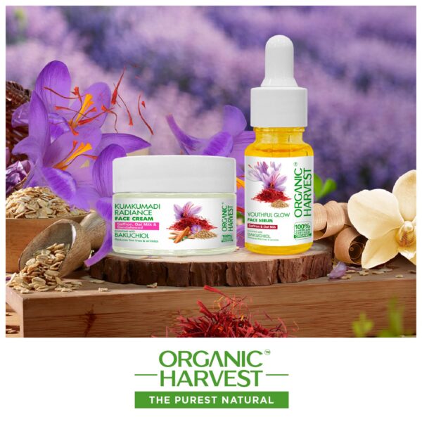 Organic Harvest Youthful Glow Face Serum & Kumkumadi Moisturising Cream Combo for Glowing Skin | Anti-Aging Serum & Cream for Women & Men | Reduces Pigmentation, Repairs & Nourishes Skin - Image 5
