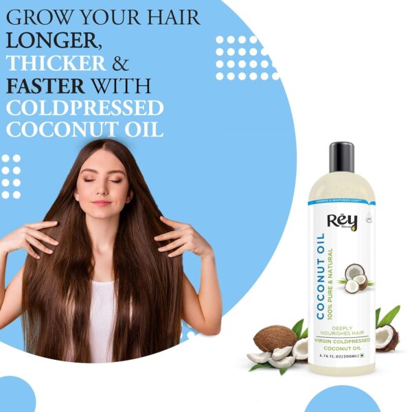 Rey Naturals Extra Virgin Cold Pressed Coconut Oil For Men & Women | Hair Oil For Strong Hair, Improved Scalp Condition | Ideal For All Type Skin & Hair Types - 200ml - Image 2